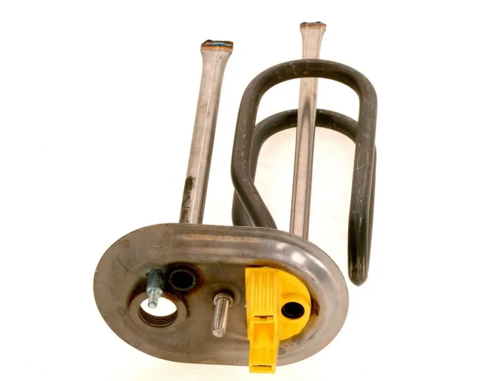 Heizeinsatz von Bosch mit einem flachen Metallgehäuse, zwei metallischen Stangen und einem gelben Anschlussbereich.